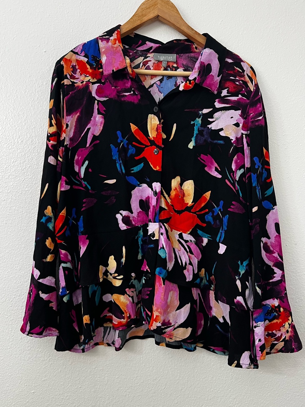 Habitat Black Button-Front Blouse with Vibrant Floral Print